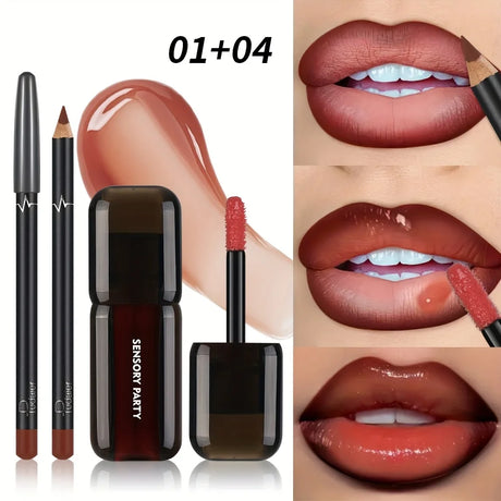 Gradient Lips Set, Lip Liner + Glass Lip Gloss, Mirror Shine Finish, Smooth Blend, Nude Shades, Long-Lasting