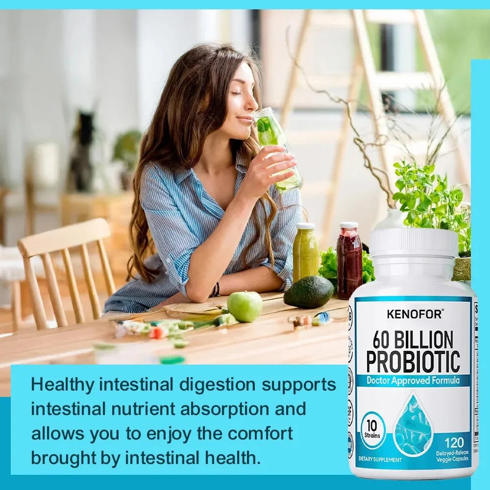 60 Billion CFU Probiotic Capsules with 10 Strains and Organic Prebiotic Fiber, Daily Digestive Wellness Supplement, 120 Count