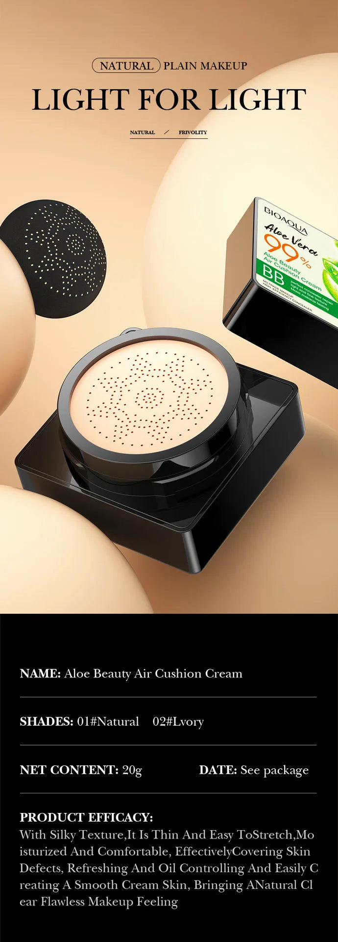 Aloe Air Cushion CC Cream Mushroom Head Puff Moisturizer Concealer Brightening BB Cream Waterproof Face Base Makeup Cosmetics