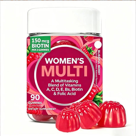 Women's Multivitamin Gummies 90 Count with Biotin Folic Acid Vitamins A C D E B, Berry Flavor Daily Wellness Supplement