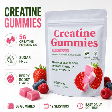 Berry Flavor Sugar Free Creatine Gummies Daily Health Nutrition & Lean Muscle Support，Gluten Free & Non GMO 36 Pieces Per Bag
