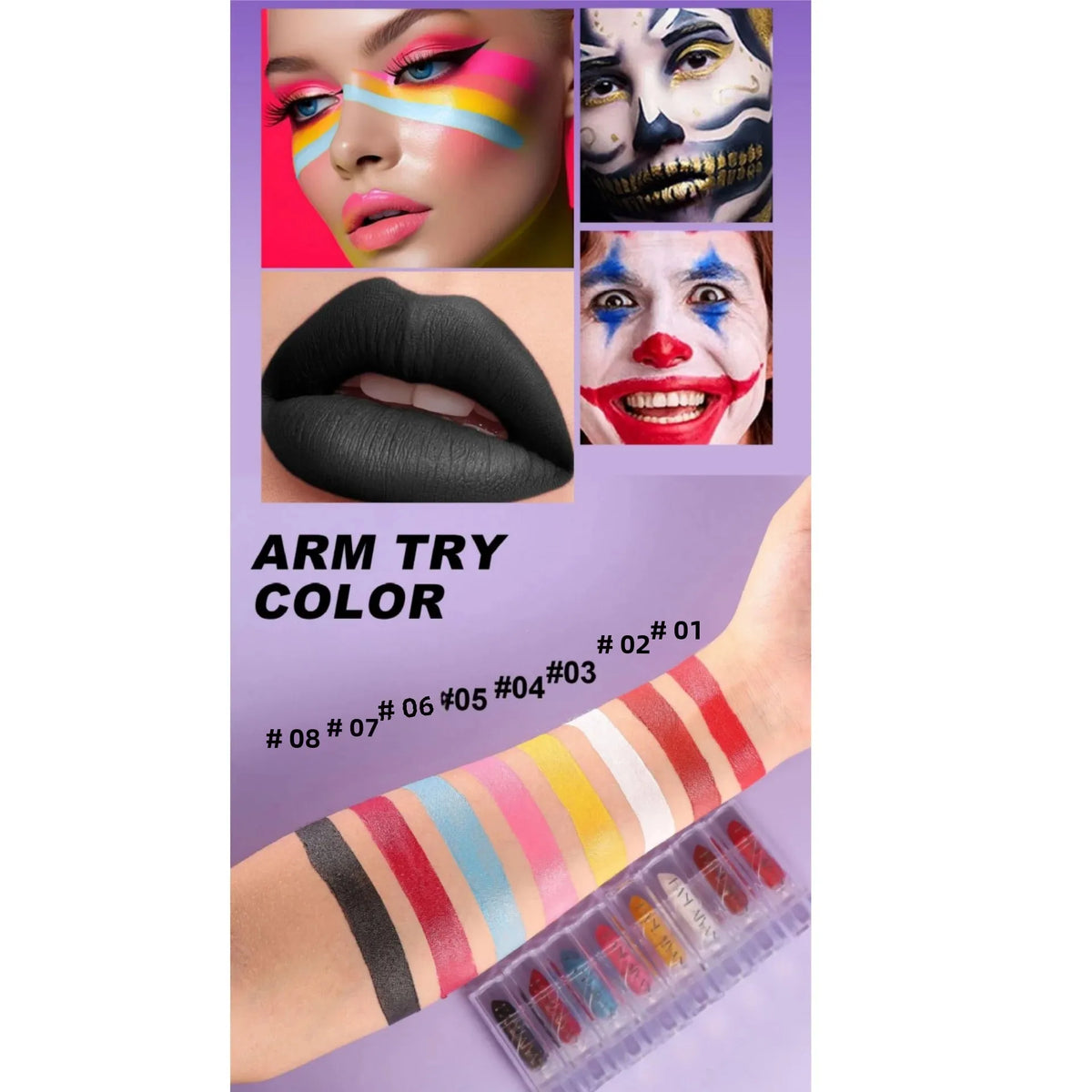 8PCS Halloween Matte Lipstick Set Dark Black Vampire Yellow Velvet Lipsticks for Face Body Painting Creative DIY Makeup Cosmetic