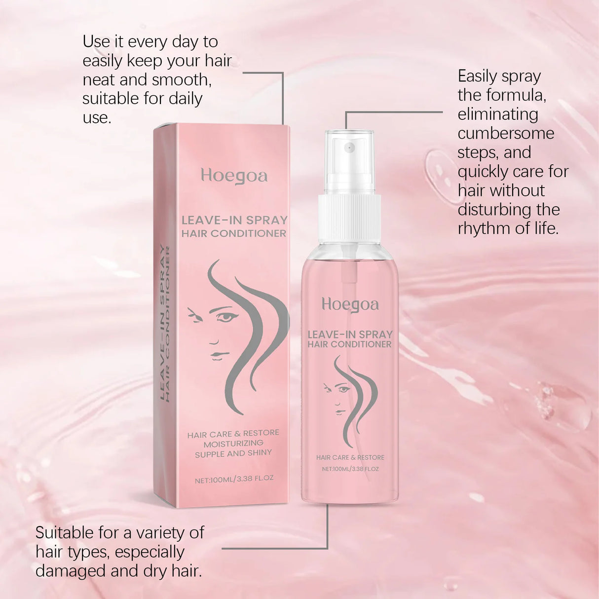 Leave-In Hair Conditioner Care Spray Wash Free Gentle Nourishing Scalp Anti Frizz Split Ends Daily Moisturizing Hair Spray 100ml