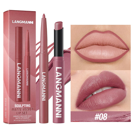 2Pcs/Set Matte Lipstick Lip Liner Pencil Non-Stick Cup Long-Lasting Velvet Red Lipstick Pen Smooth Lipliner Waterproof Makeup