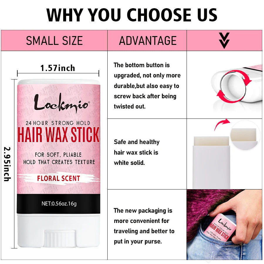 LOCKMIO Floral Scent Wax Stick Smoothing Strong Hold No-Greasy Gel Tames Frizz Broken Flyaway Hair Styling Pomade
