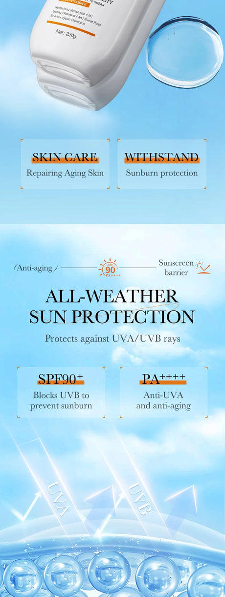 Super 220ml Aloe+Vitamin E Body And Face Sunscreen Lotion SPF 90 PA++++Whole Body Use Protect + Hydrate Moisturizing