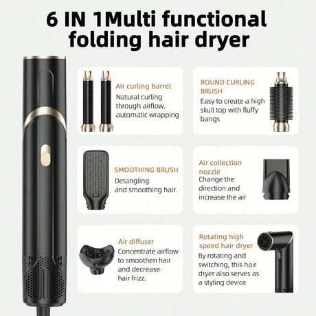 Six-In-One Hot Air Comb Foldable Curling Iron Hair Dryer Straight Roll Multi-Function Portable Hair Dryer