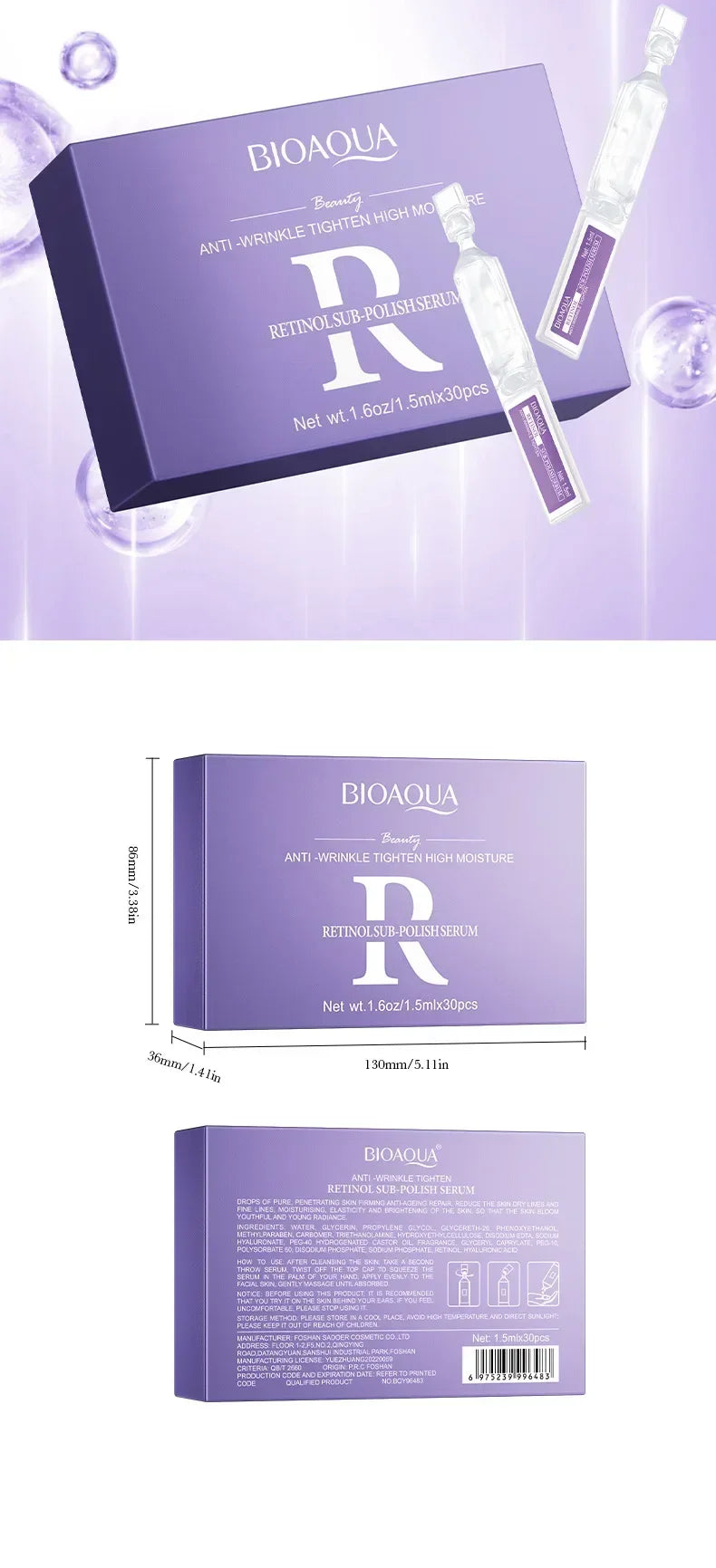 30pcs/box BIOAQUA Retinol Vitamin C Hyaluronic Acid Serum for Face Moisturizing Firming Hydrating Facial Essence Face Skin Care