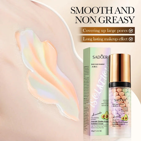 SADOER Avocado Tricolor Primer Isolation Cream SPF 50+ PA+++ 4-In-1 Daily Base Makeup Color Correcting Facial Serum Oil Control