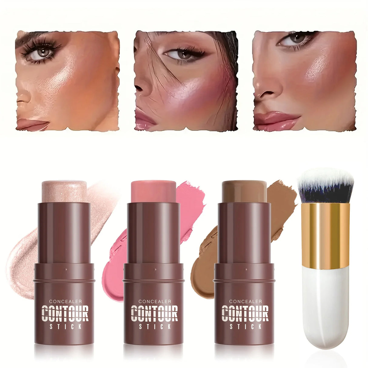 4pcs Contour Stick, Highlighter Stick, Blush Stick 4pcs Cream Contour Kit with Contour Brush, Create Face Contour, Non-greasy