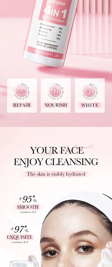 SADOER 4 in 1 Facial Mousse Face Wash Foam Facial Cleanser Moisturizing Brightening Hydrating Face Cleansing Skin Care Products