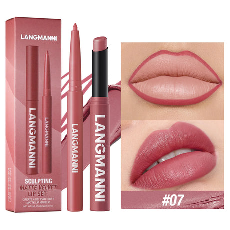2Pcs/Set Matte Lipstick Lip Liner Pencil Non-Stick Cup Long-Lasting Velvet Red Lipstick Pen Smooth Lipliner Waterproof Makeup