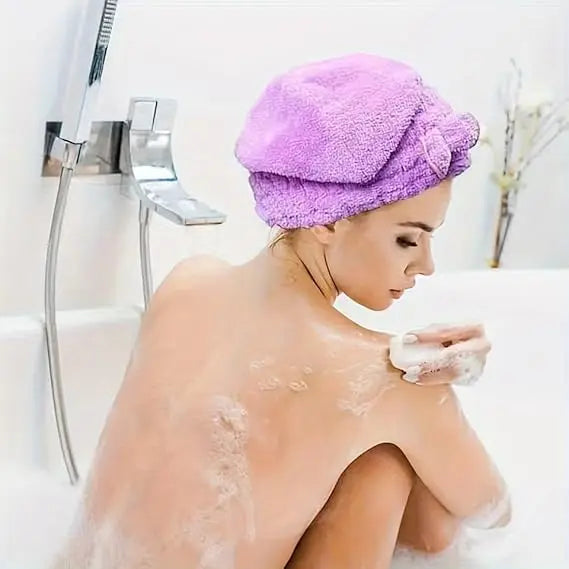 Women's 2-Piece Shiny Light Microfiber Hair Towel Caps, Super Absorbent Towel, Extra Soft, Fast Drying Plain Turban Wraps, 1-Size-Fits-All, Nighttime Wet Hair Use