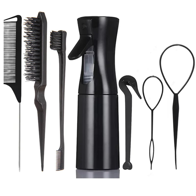 7pcs Hairdressing Tool Set Bristle Rat Tail Edge Comb Eyebrow Brush with Braiders Ponytail Creator Water Sprayer Styling Set
