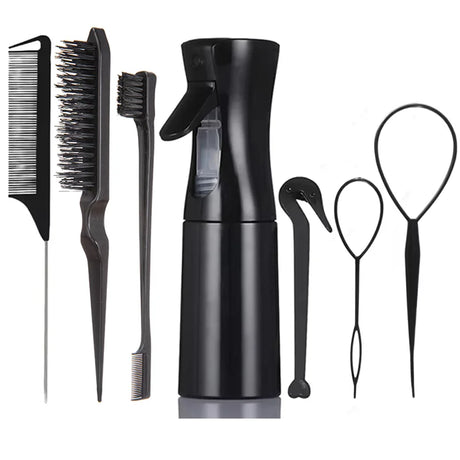 7pcs Hairdressing Tool Set Bristle Rat Tail Edge Comb Eyebrow Brush with Braiders Ponytail Creator Water Sprayer Styling Set
