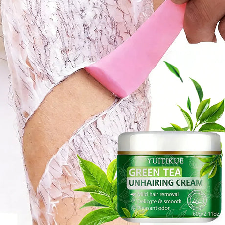 YUITIKUE Green Tea Unhairing Cream | Mild Hair Removal Formula | Delicate Smooth Skin & Pleasant Odor For All Skin Types 60g