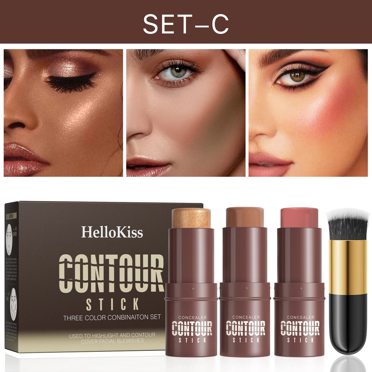 4-Piece Contour Stick Set with Highlighter, Blush & Bronzer Plus Golden Powder Brush - Waterproof Cream for All Tones, Shimmery.
