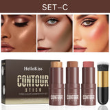 4-Piece Contour Stick Set with Highlighter, Blush & Bronzer Plus Golden Powder Brush - Waterproof Cream for All Tones, Shimmery.