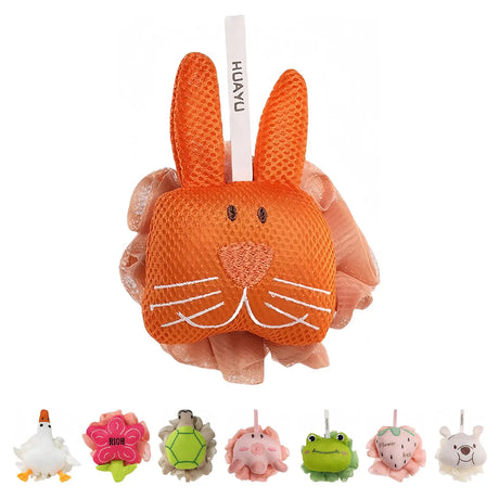 Kids Loofah, Cute Cartoon Animal Kids Bath Sponge with Hanging Rope, Soft Double Mesh for Rich Lather