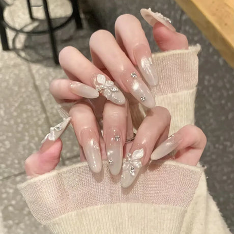 24pcs Cat's Eye Round Head Fake Nail with Mid-length Almond Deisgn Flower Pearl Stick on Nails Full Cover Detachable False Nail