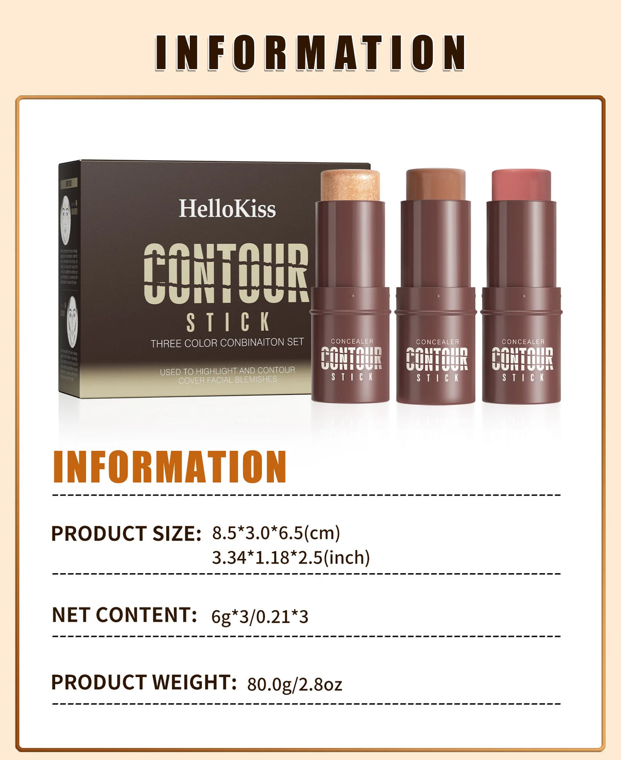 4-Piece Contour Stick Set with Highlighter, Blush & Bronzer Plus Golden Powder Brush - Waterproof Cream for All Tones, Shimmery.