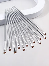 12pcs Silvery Super Thin Blade Eyeliner Brush & Soft Makeup Brush Set, Portable Eyebrow Brush & Multipurpose Cosmetic Tool