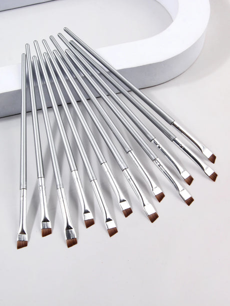 12pcs Silvery Super Thin Blade Eyeliner Brush & Soft Makeup Brush Set, Portable Eyebrow Brush & Multipurpose Cosmetic Tool
