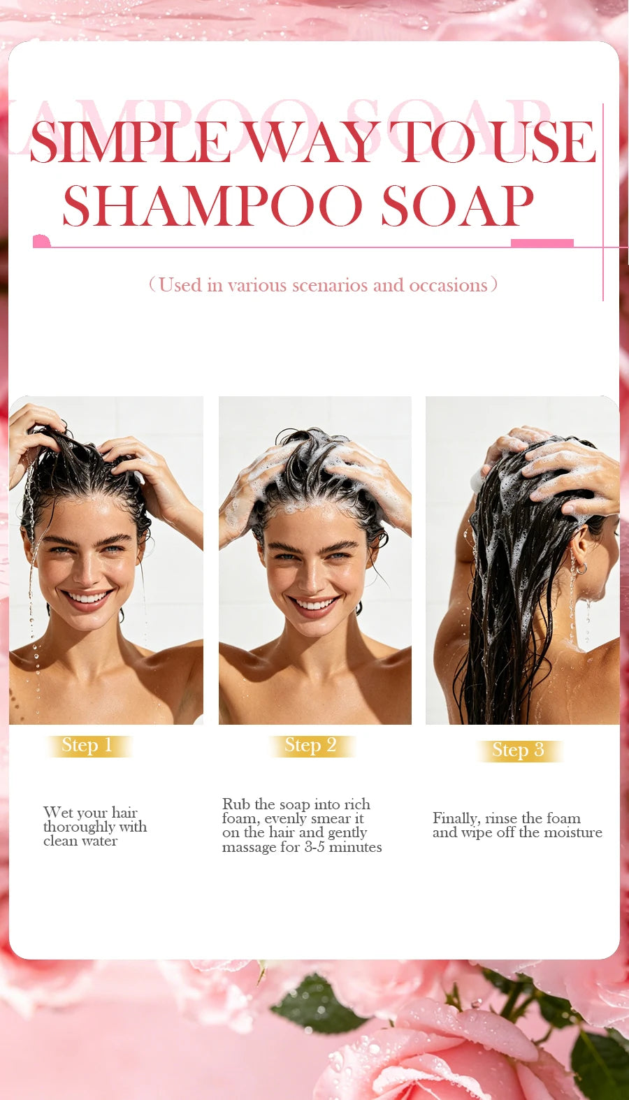 Pink Rose Essential Oil Shampoo Bar, Plant Extract Essence Deep Cleaning Hand Soap, Soft Shampoo and Hair Care Soap