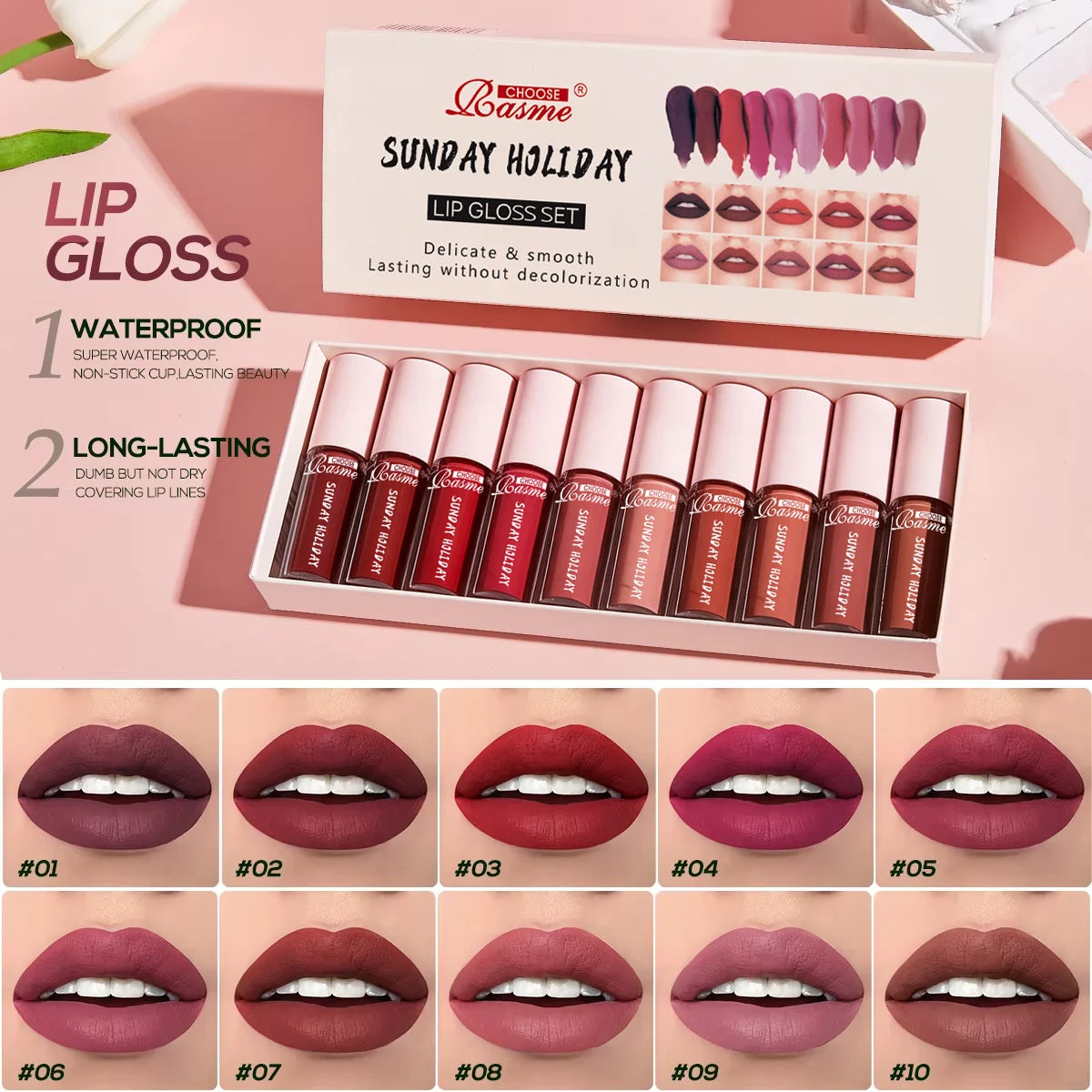 10 Color Mouth Red Lip Glaze Makeup Set, Exquisite, Practical, Portable Lipgloss Lipstick Set Valentine's Day gift