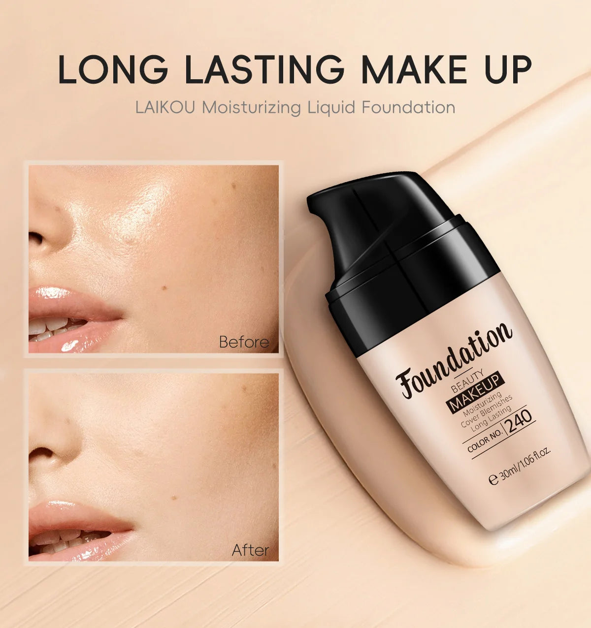 LAIKOU Liquid Foundation 3 Shades Waterproof Hydrating Full Coverage Long Lasting Natural Matte Face Makeup Base 30ml