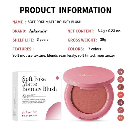 Lakerain Soft Poke Matte Blush Fresh Silky-smooth Skin Finish Long Lasting Luminosity Moisturizing Natural Matte Bouncy Blusher
