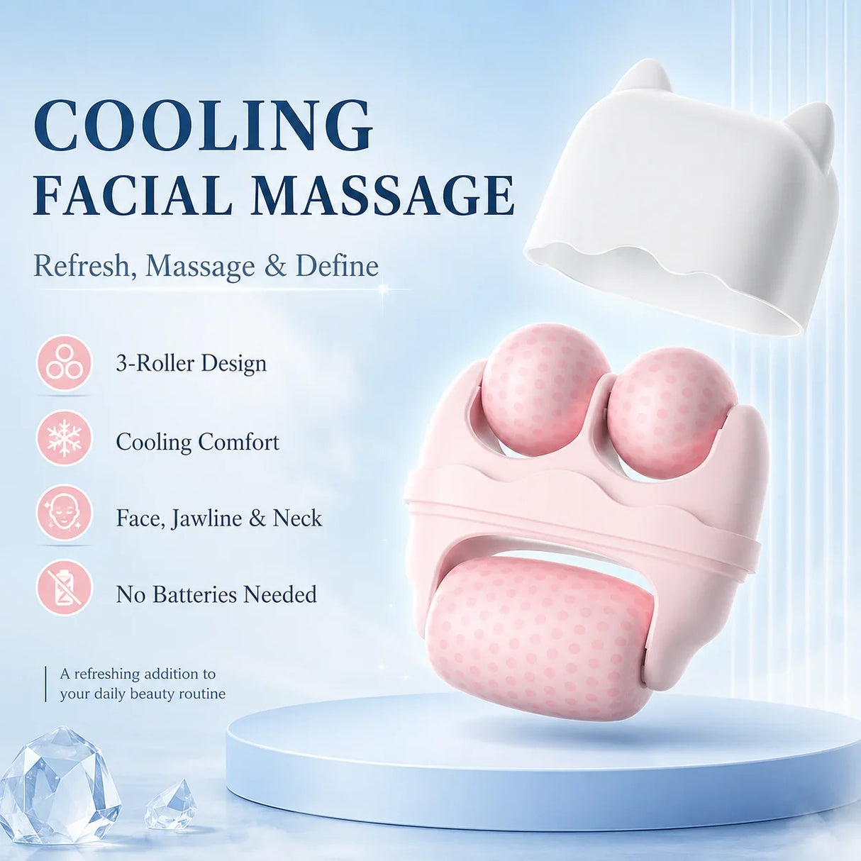 3 Roller Ice Face Roller Cooling Facial Massager with Cat Ear Storage Case Reduce Puffiness Jawline Neck Eye Skincare Massage To