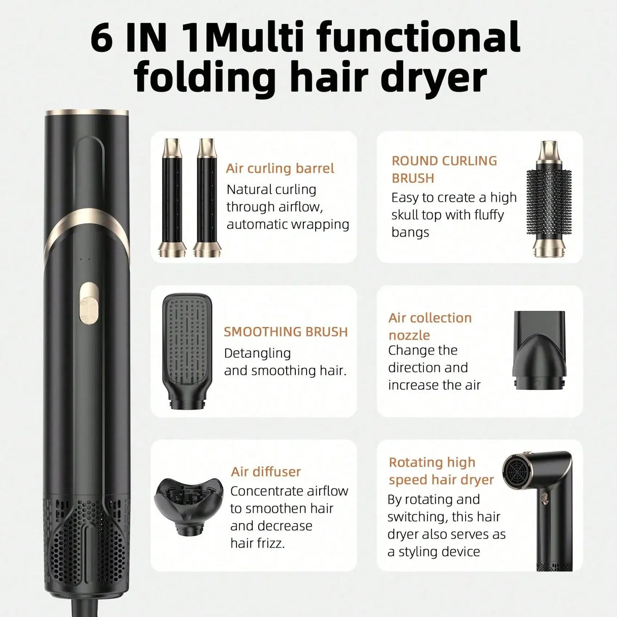 Six-In-One Hot Air Comb Foldable Curling Iron Hair Dryer Straight Roll Multi-Function Portable Hair Dryer