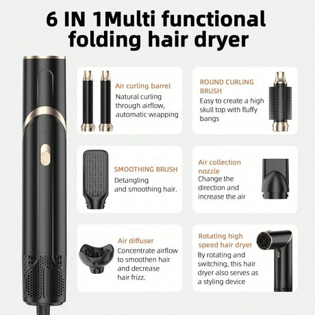 Six-In-One Hot Air Comb Foldable Curling Iron Hair Dryer Straight Roll Multi-Function Portable Hair Dryer