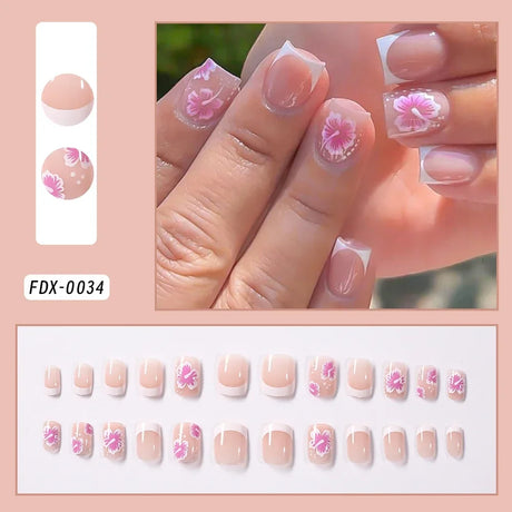 24Pcs Short Square Pink Floral French Press On Nails Clear Base Hand Drawn Flower Reusable With Adhesive Glue For Women Daily Party DIY Spring Summer Manicure Supply