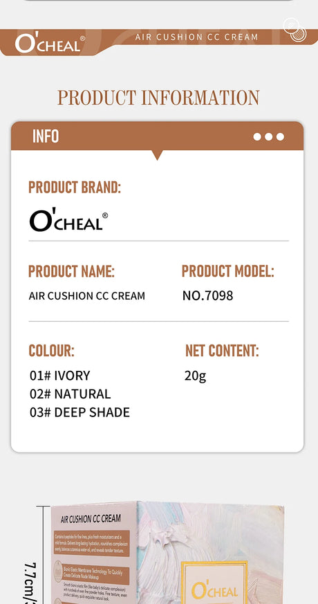 O'CHEAL Mushroom Cushion CC Cream Face Airy Coverage Long-lasting Moisturizing Waterproof Oil Control Concealer BB Cream Makeup