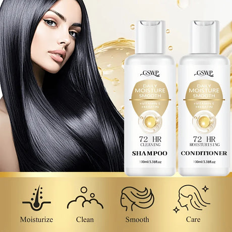 GSWP 72-Hour Moisturising Shampoo and Conditioner Set, enriched with keratin for deep hydration, Ideal as a gift. 100ml + 100ml