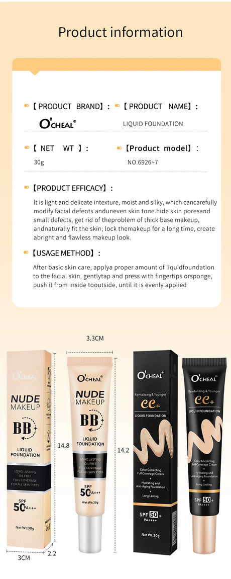 Ocheal 30g BB/CC sunscreen Cream SPF 50/PA+++ Facial Liquid Foundation Cream Long Lasting Coverage Oil Free All Skin Makeup