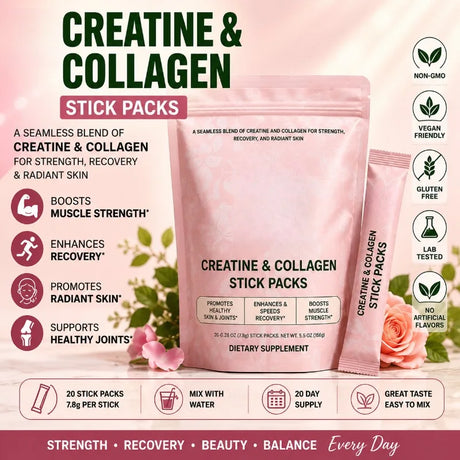 Creatine & Collagen Powder Stick Packs Supports Strength Recovery & Skin Health – Daily Nutrition Supplement  20Servings Per Bag