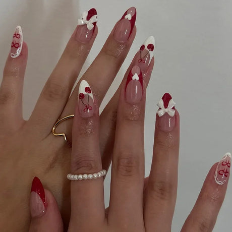 24Pcs Almond Blush Press On Nails Sweet Heart Diamond Cute Bow European American Style Self Adhesive Reusable False Nails For Women Girls Daily Party Manicure Supply