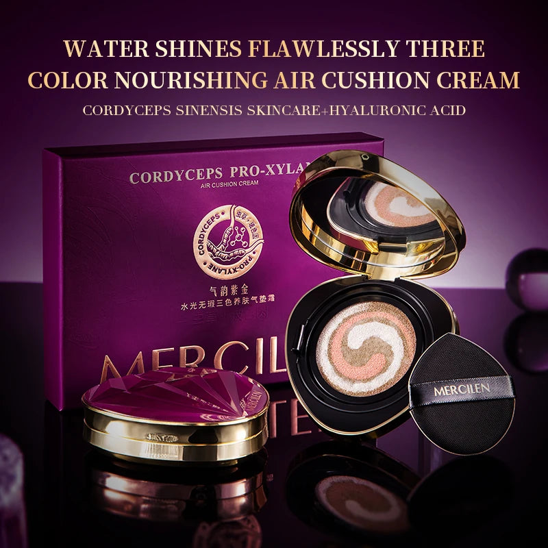 Mercilen Water-Gloss Flawless Three-Color Skin-Nourishing Cushion Bb Cream 15g*2, Cc Liquid Foundation for Natural Nude Makeup, Long-Lasting Moisturizing Isolation Concealer, Brightens Skin Tone, Is Refreshing and Non-Greasy,