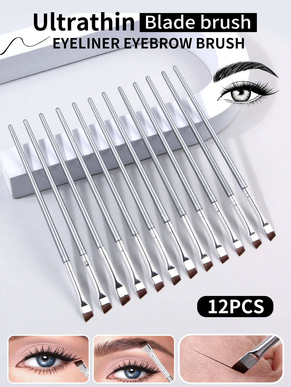 12pcs Silvery Super Thin Blade Eyeliner Brush & Soft Makeup Brush Set, Portable Eyebrow Brush & Multipurpose Cosmetic Tool