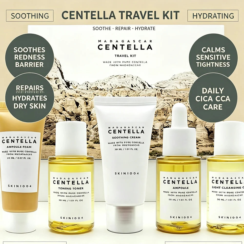 SKIN1004 Madagascar Centella Travel Kit, Mini Soothing Repair Hydrating Skincare Set For Sensitive Dry Skin Daily Travel Gift