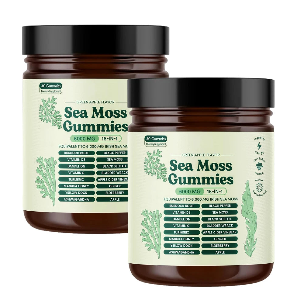 Sea Moss Gummies 16-in-1 Ashwagandha Black Seed Oil Bladder Wrack Turmeric Vitamin C D3 with Manuka Burdock Root Dandelion Apple