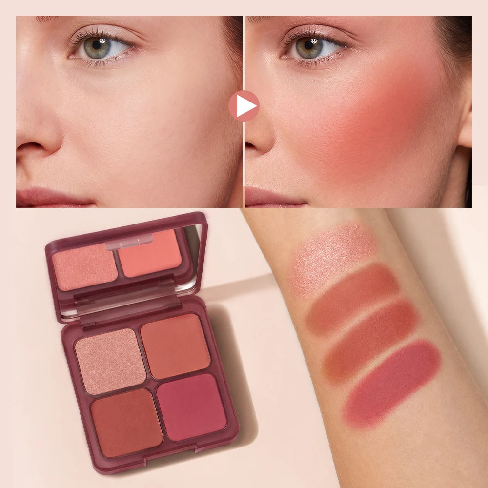 4 Shades Blush Palette Matte & Shimmer Two Textures Rich Pigment Long-wear Soft Blur Finishing Compact Blush Daily Cheek Makeup