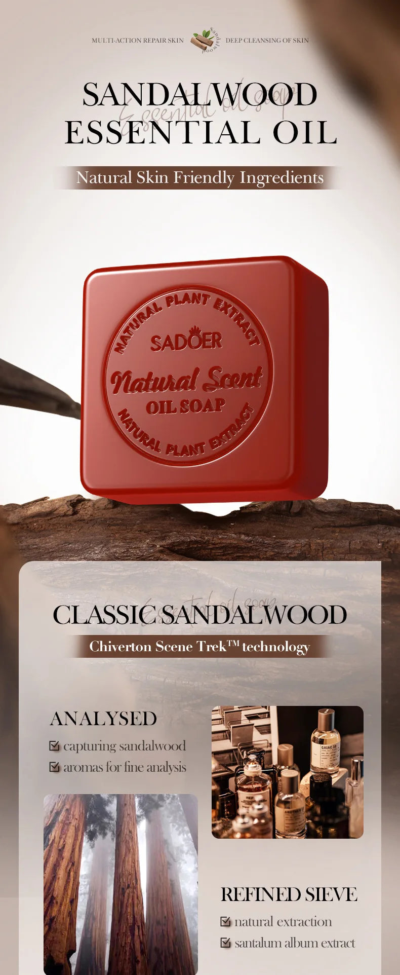 Sandalwood Handmade Soap for Women Deep Cleansing Body Whitening Essential Oil Shaving Soap Skin Lightening Foam Cleaner