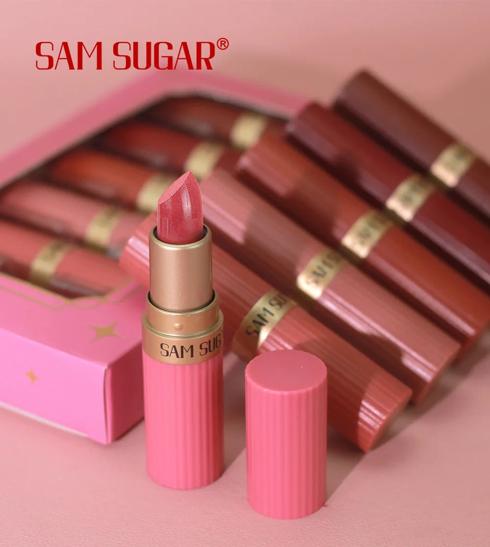 6pcs Diamond Pink Lipstick Set Chocolate Brown Metallic Glitter Long Lasting Shimmer Pearl Sparkling Lip Gloss Makeup