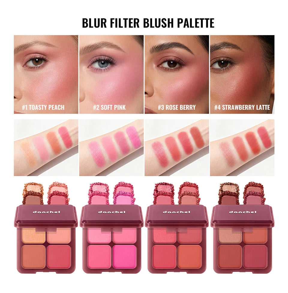4 Shades Blush Palette Matte & Shimmer Two Textures Rich Pigment Long-wear Soft Blur Finishing Compact Blush Daily Cheek Makeup