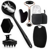 7/4/3Pcs Shower Body Care Set Long Handle Silicone Back Brush Hair Scalp Massager Exfoliate Face Roller Gua Sha Massage Tools