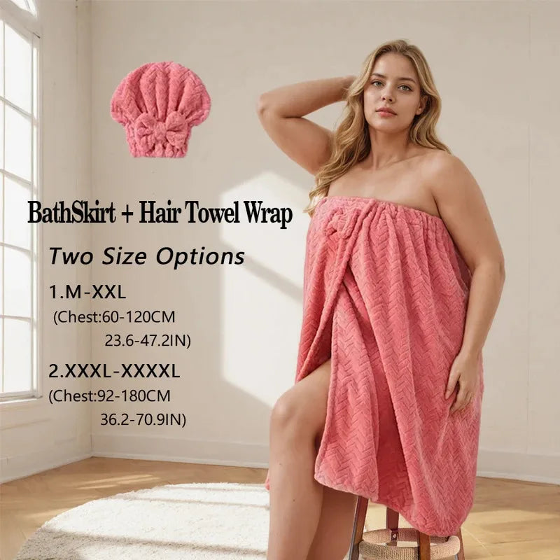 2pcs wearable Bath Towel Set, Including 1 Dry Hair Cap and 1 Bath Skirt,  Soft and Absorbent, A Great  Match for The Bathroom